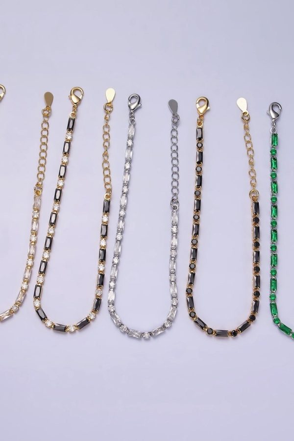 16K Gold Filled Green, Checkered, Black, Clear, Pink 2.5mm Baguette Round CZ 6.5 Inch Tennis Chain Bracelet | WA-1813 - WA-1831 Clearance Pricing
