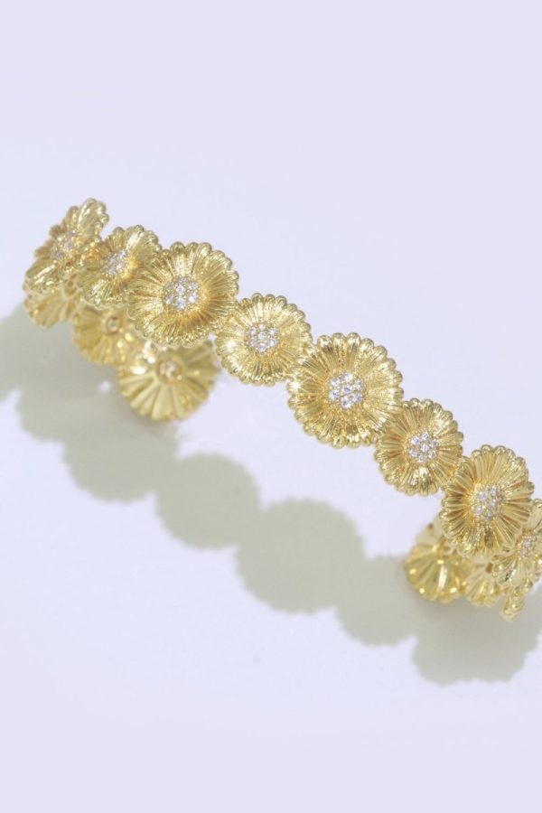 24K Gold Filled Bangle Bracelet Micro Pave Open Adjustable Sun Flower Bracelet Wholesale Stacking Bracelet Fashion Jewelry | WA-043 Clearance Pricing