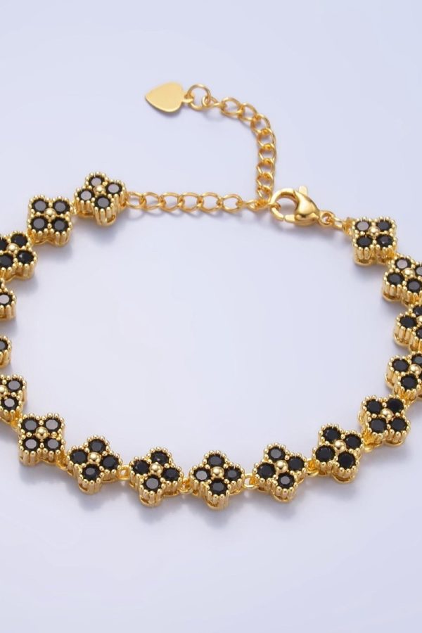24K Gold Filled Black CZ Quatrefoil Clover Tennis Bracelet | WA-2061