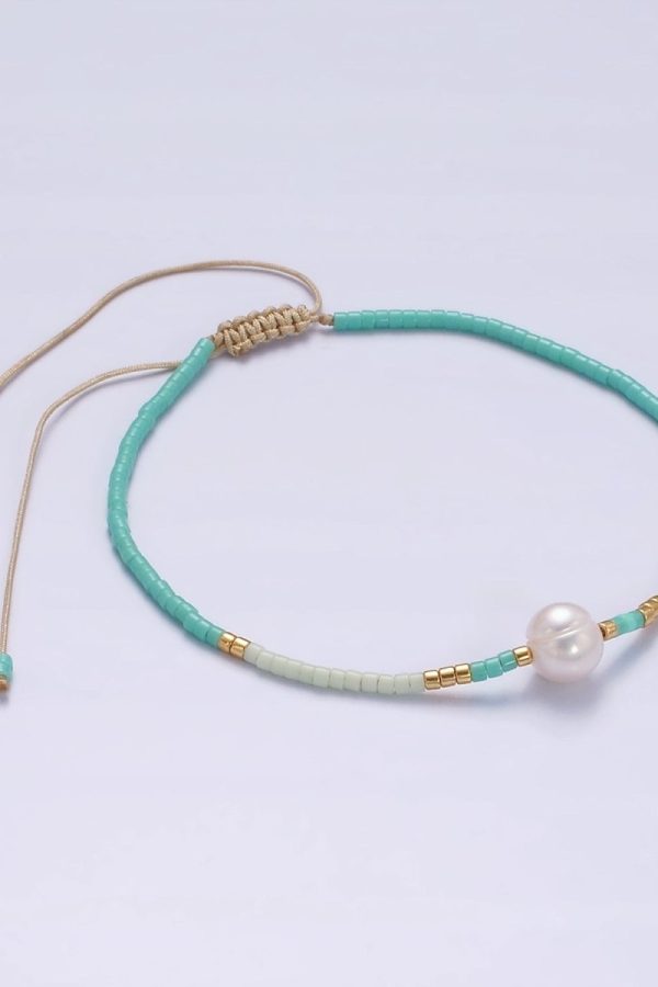 Dainty Shell Pearl Cord Bracelet with Turquoise Gold Cylinder Beaded Adjustable Bracelet | WA-2201 Clearance Pricing